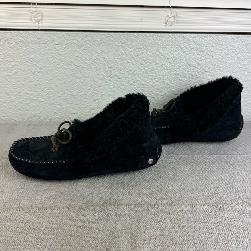 UGG Alena Shearling Cuff Moccasins Slippers Womens US 8 Black Suede - Picture 6 of 8